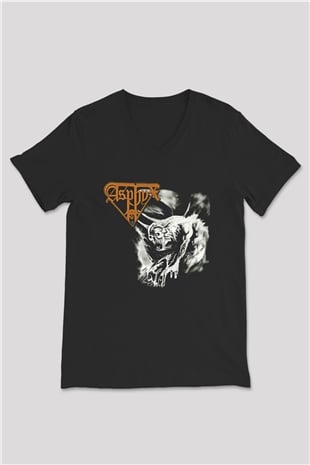 Asphyx Baskılı Unisex Siyah V Yaka Tişört - Tshirt