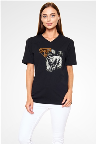 Asphyx Baskılı Unisex Siyah V Yaka Tişört - Tshirt