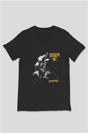 Asphyx Baskılı Unisex Siyah V Yaka Tişört - Tshirt