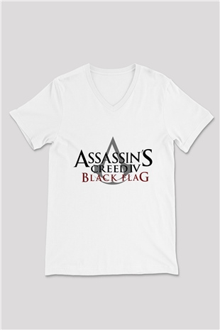 Assassins Creed Beyaz Unisex V Yaka Tişört T-Shirt