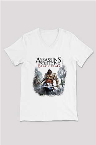 Assassins Creed Beyaz Unisex V Yaka Tişört T-Shirt
