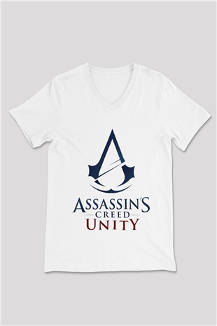 Assassins Creed Beyaz Unisex V Yaka Tişört T-Shirt