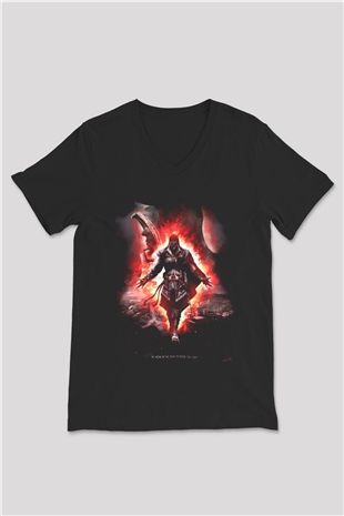 Assassins Creed Siyah Unisex V Yaka Tişört