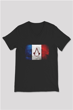 Assassins Creed Siyah Unisex V Yaka Tişört T-Shirt
