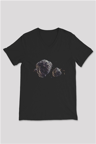 Asteroit Siyah Unisex V Yaka Tişört