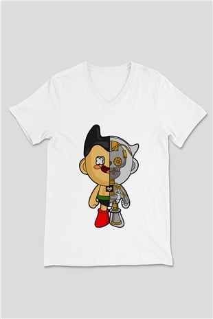 Astroboy Baskılı Unisex Beyaz V Yaka Tişört