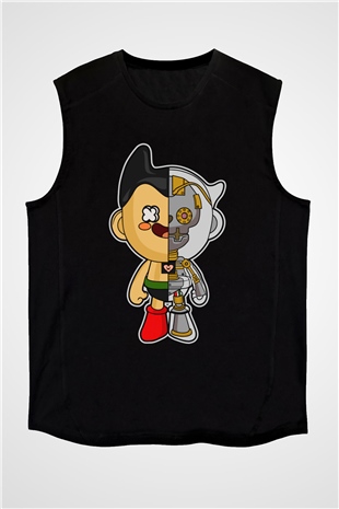 Astroboy Baskılı Unisex Siyah Kolsuz Tişört