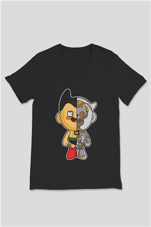 Astroboy Baskılı Unisex Siyah V Yaka Tişört