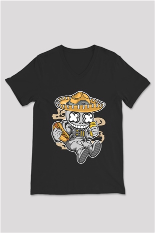 Astronaut Skull Of The Dead Baskılı Unisex Siyah V Yaka Tişört