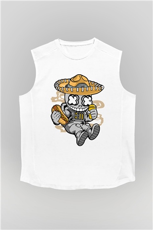 Astronaut Skull Of The Dead Baskılı Unisex Beyaz Kolsuz Tişört