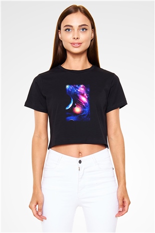 Astronom Siyah Crop Top Tişört