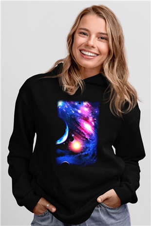 Astronom Siyah Unisex Kapşonlu Sweatshirt