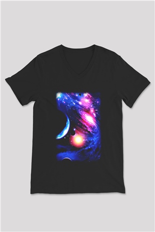 Astronom Siyah Unisex V Yaka Tişört T-Shirt