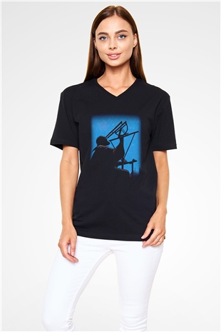 Astronom Siyah Unisex V Yaka Tişört T-Shirt