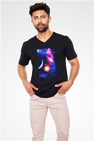 Astronom Siyah Unisex V Yaka Tişört T-Shirt