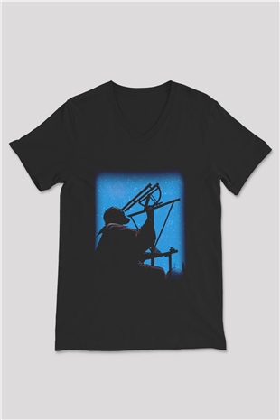 Astronom Siyah Unisex V Yaka Tişört T-Shirt