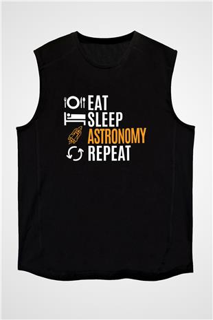 Astronomi Baskılı Unisex Kolsuz Siyah Tişört - Tshirt