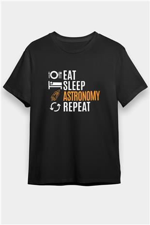 Astronomi Baskılı Unisex Siyah Tişört - Tshirt