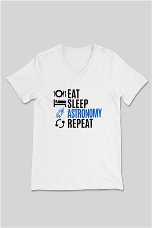 Astronomi Baskılı Unisex V Yaka Beyaz Tişört - Tshirt