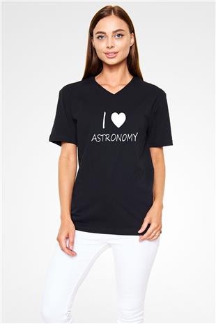 Astronomi Sevenler Baskılı Unisex V Yaka Siyah Tİşört - Tshirt