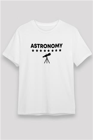 Astronomi Teleskop Baskılı Unisex Beyaz Tişört - Tshirt