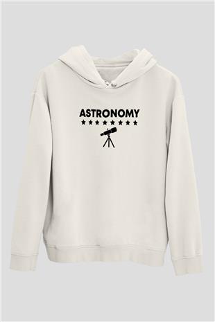 Astronomi Teleskop Baskılı Unisex Ekru Hoodie