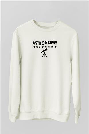 Astronomi Teleskop Baskılı Unisex Ekru Sweatshirt