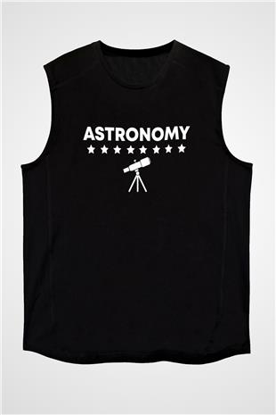 Astronomi Teleskop Baskılı Unisex Kolsuz Siyah Tişört - Tshirt