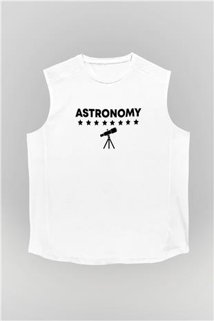 Astronomi Teleskop Baskılı Unisex Kolsuz Beyaz Tişört - Tshirt