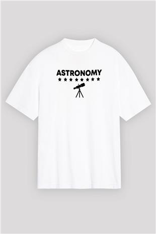Astronomi Teleskop Baskılı Unisex Oversize Beyaz Tişört - Tshirt
