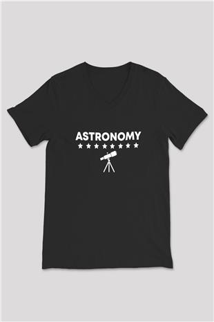 Astronomi Teleskop Baskılı Unisex V Yaka Siyah Tİşört - Tshirt