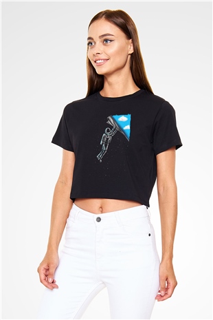Astronot Baskılı  Siyah  Crop Top Tişört