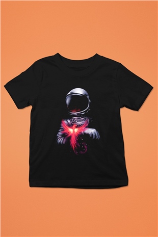 Astronot Baskılı Siyah Unisex Çocuk Tişört