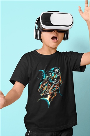 Astronot Baskılı Siyah Unisex Çocuk Tişört