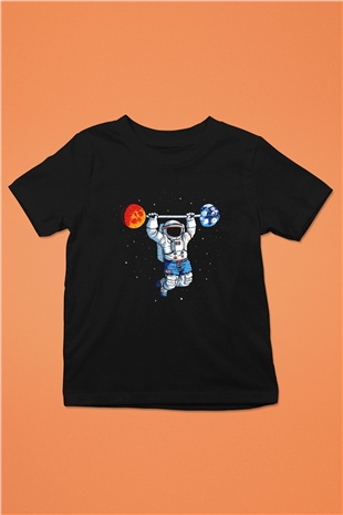 Astronot Baskılı Siyah Unisex Çocuk Tişört