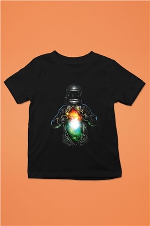 Astronot Baskılı Siyah Unisex Çocuk Tişört