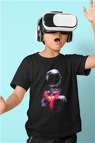 Astronot Baskılı Siyah Unisex Çocuk Tişört