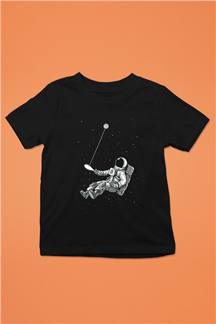 Astronot Baskılı Siyah Unisex Çocuk Tişört