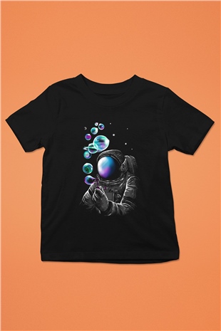 Astronot Baskılı Siyah Unisex Çocuk Tişört