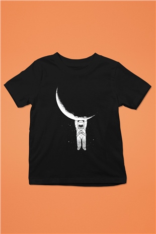 Astronot Baskılı Siyah Unisex Çocuk Tişört