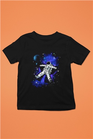 Astronot Baskılı Siyah Unisex Çocuk Tişört