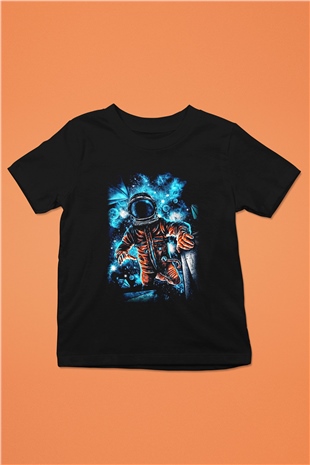 Astronot Baskılı Siyah Unisex Çocuk Tişört
