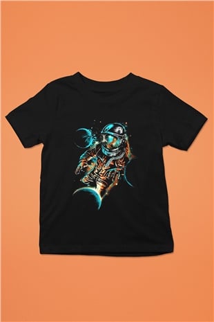 Astronot Baskılı Siyah Unisex Çocuk Tişört