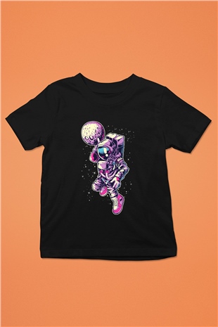 Astronot Baskılı Siyah Unisex Çocuk Tişört