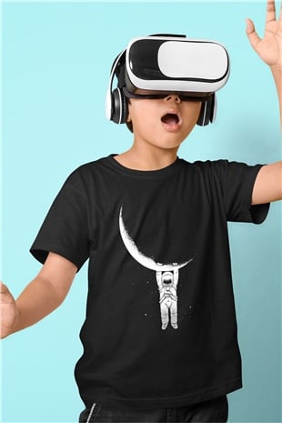 Astronot Baskılı Siyah Unisex Çocuk Tişört