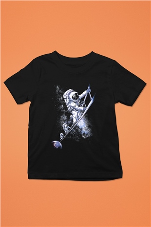 Astronot Baskılı Siyah Unisex Çocuk Tişört