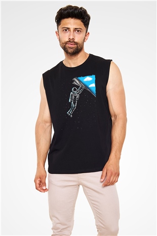 Astronot Baskılı Unisex Siyah  Kolsuz Tişört