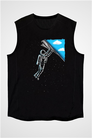 Astronot Baskılı Unisex Siyah  Kolsuz Tişört