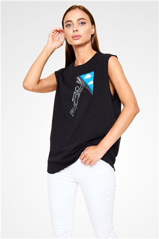 Astronot Baskılı Unisex Siyah  Kolsuz Tişört