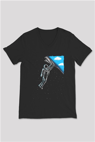 Astronot Baskılı Unisex Siyah  V Yaka Tişört